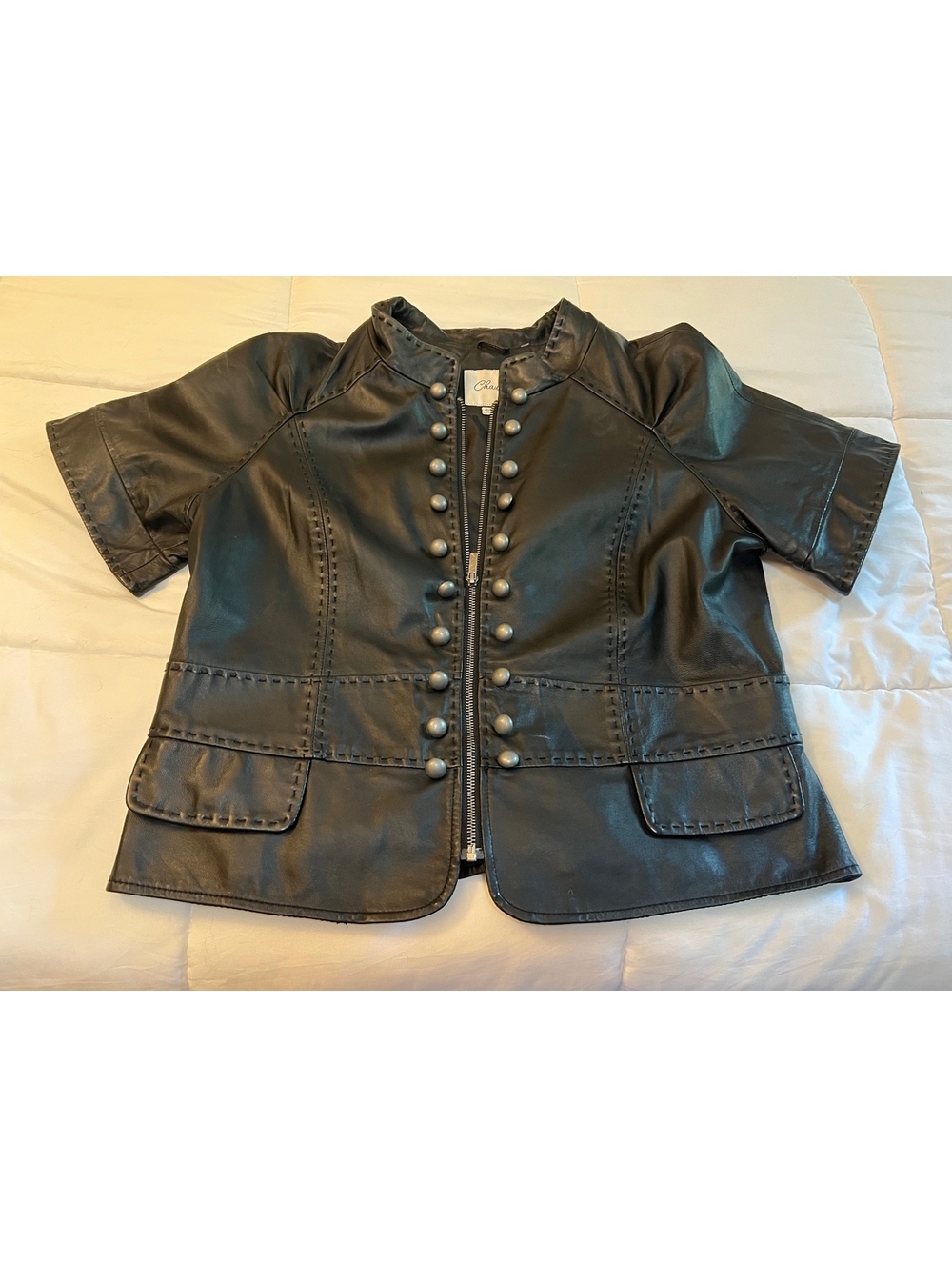 XL Black Leather Short Sleeve Jacket with front Buttons full zipper